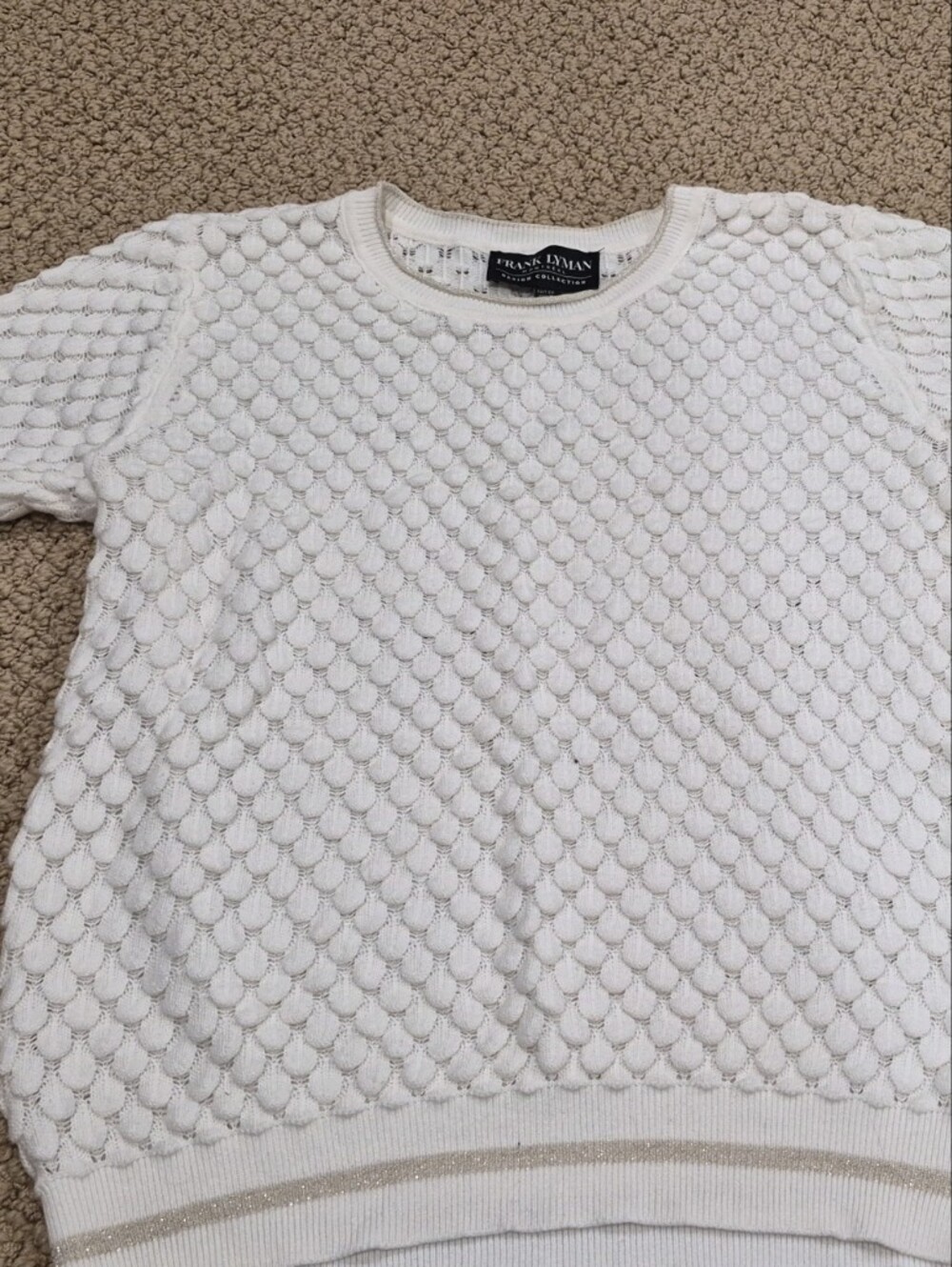 Frank Lyman Design White Bubble-Knit Crewneck Sweater with Subtle Metallic Trim